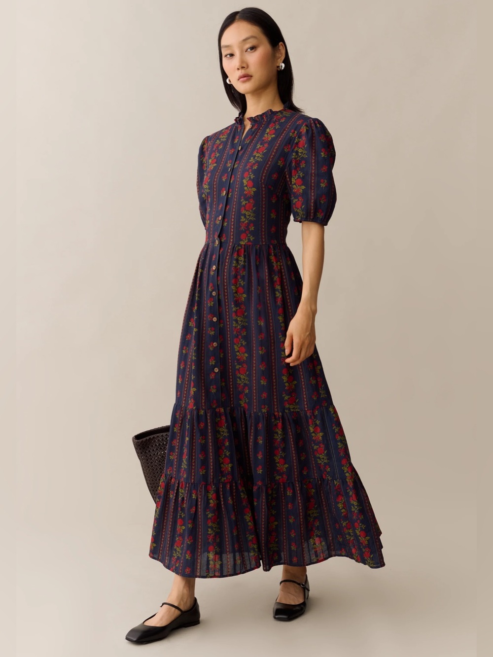 sorella Evelina Cotton Dress Women’s Navy Floral Tiered Maxi Dress size 12